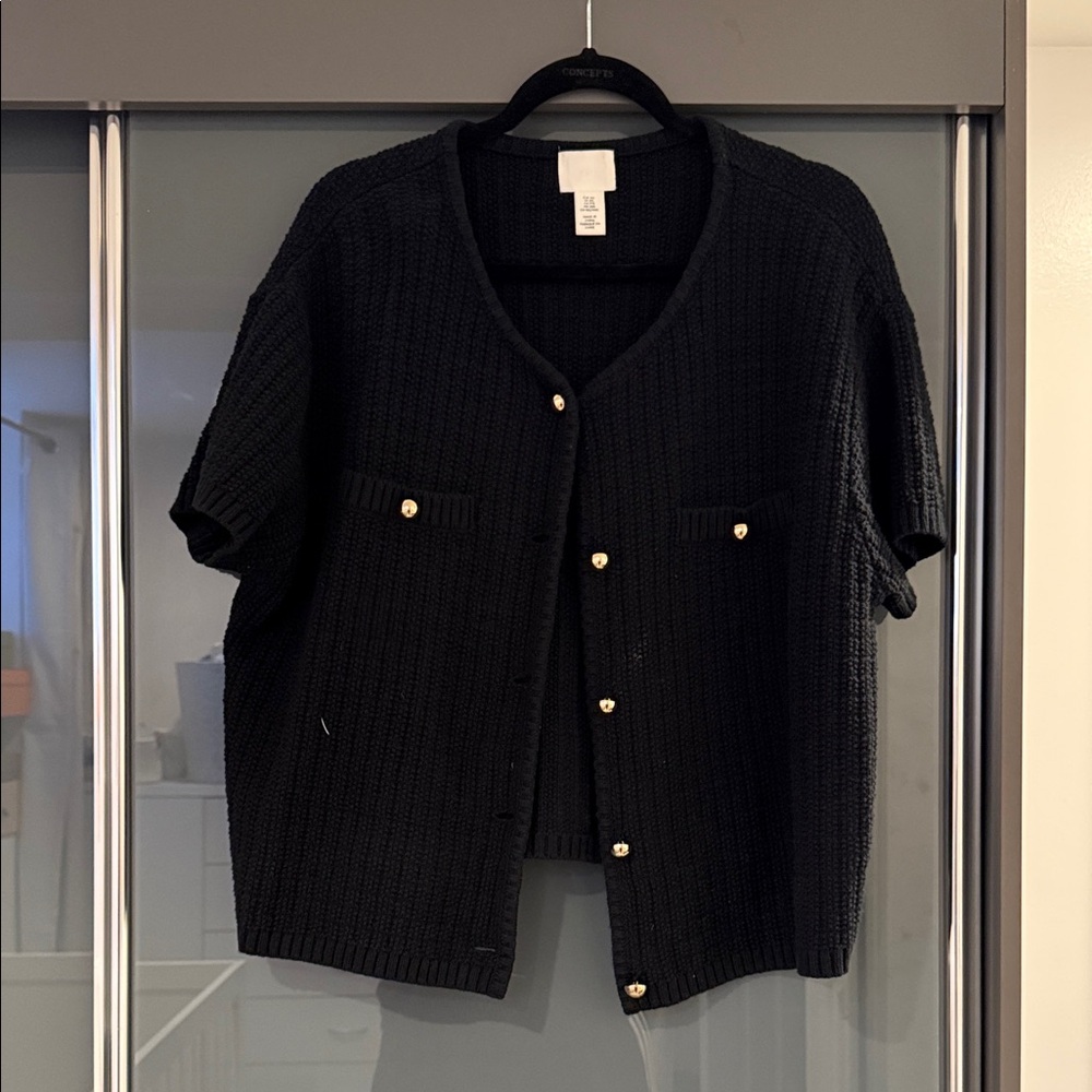 H&M Black Short-Sleeve Knit Cardigan with Gold Buttons